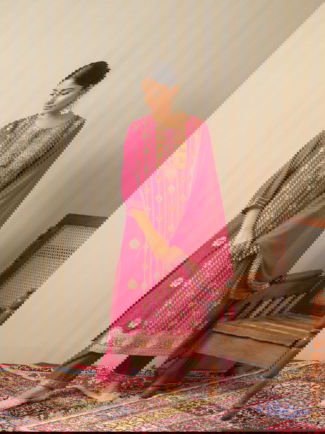 Ethnic Motifs Woven Design Straight Kurta With Trouser & Dupatta - Buy Best Ethnic Wear for Women & Girls | Daily Woman -