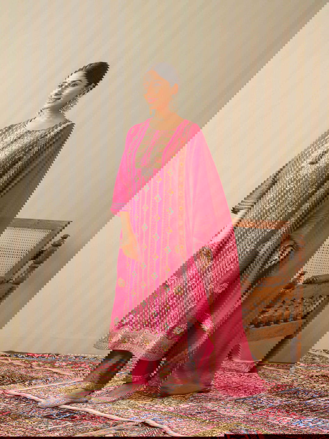 Ethnic Motifs Woven Design Straight Kurta With Trouser & Dupatta - Buy Best Ethnic Wear for Women & Girls | Daily Woman -