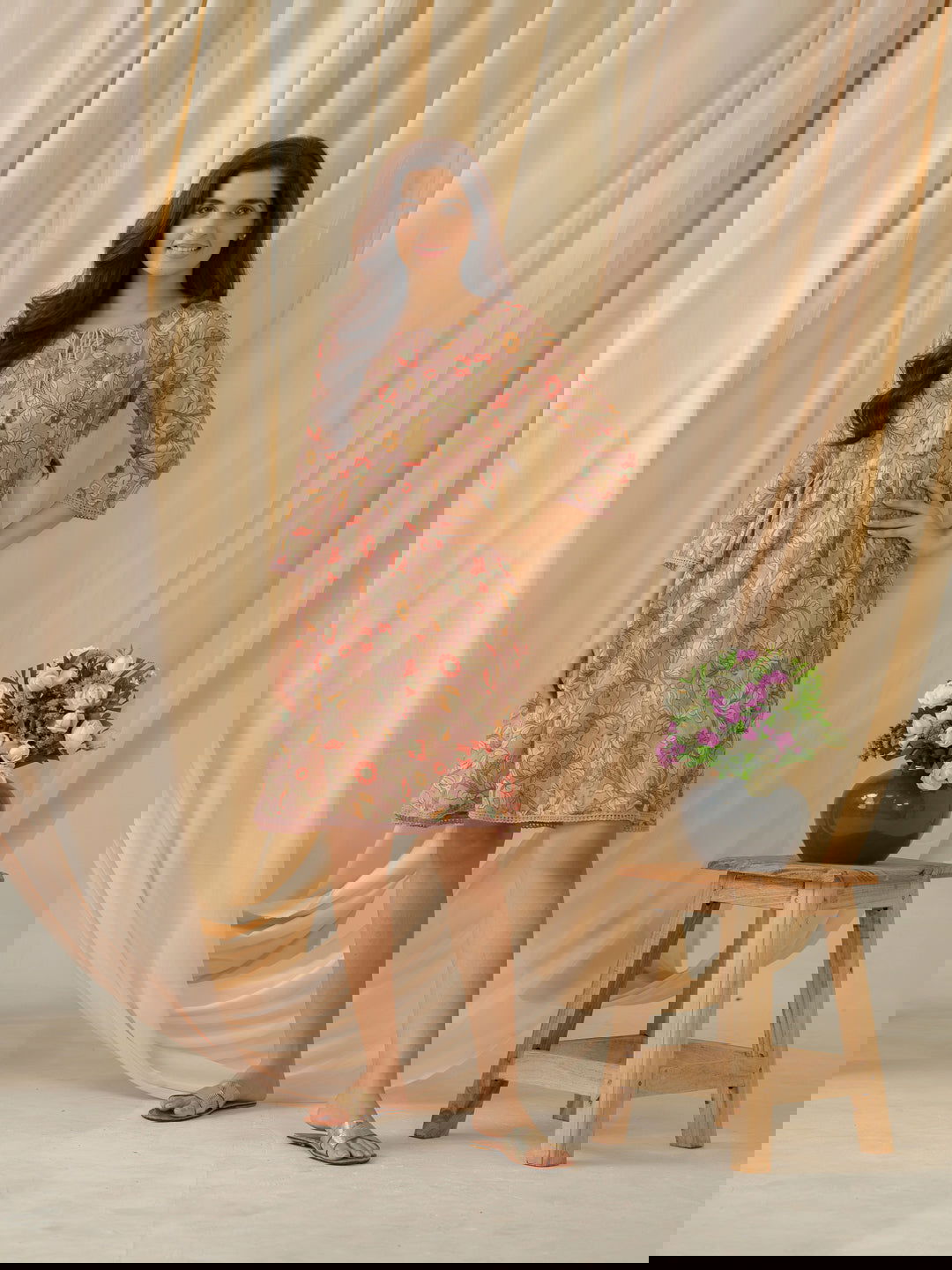 Floral-Printed Keyhole Neck Cotton A-Line Ethnic Dress - Buy Best Ethnic Wear for Women & Girls | Daily Woman -