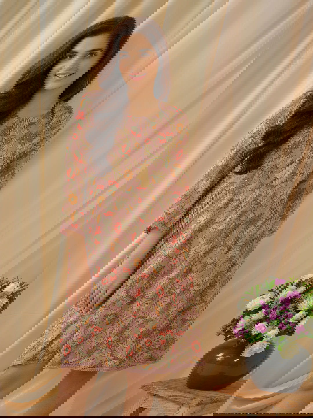 Floral-Printed Keyhole Neck Cotton A-Line Ethnic Dress - Buy Best Ethnic Wear for Women & Girls | Daily Woman -