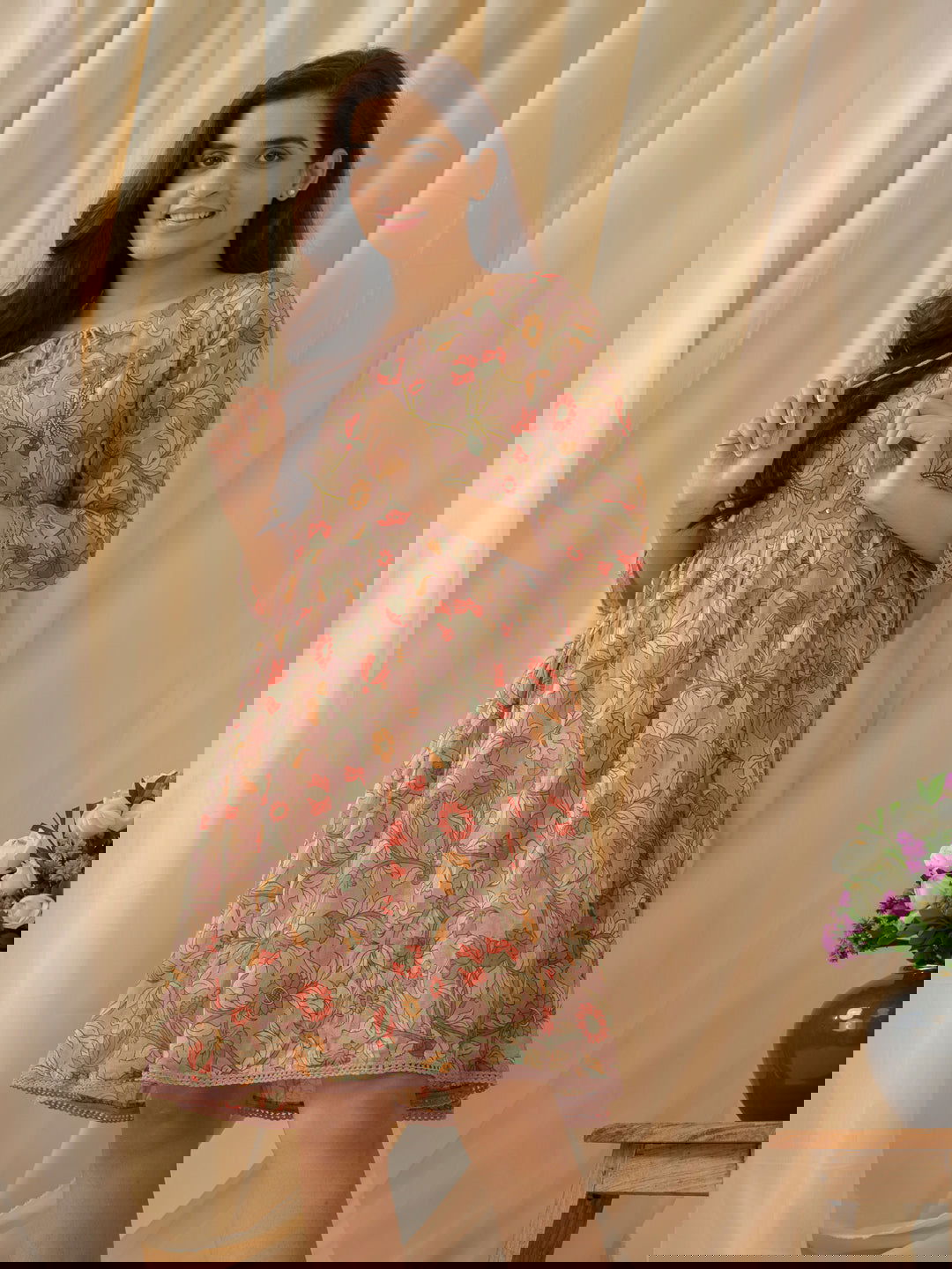 Floral-Printed Keyhole Neck Cotton A-Line Ethnic Dress - Buy Best Ethnic Wear for Women & Girls | Daily Woman -