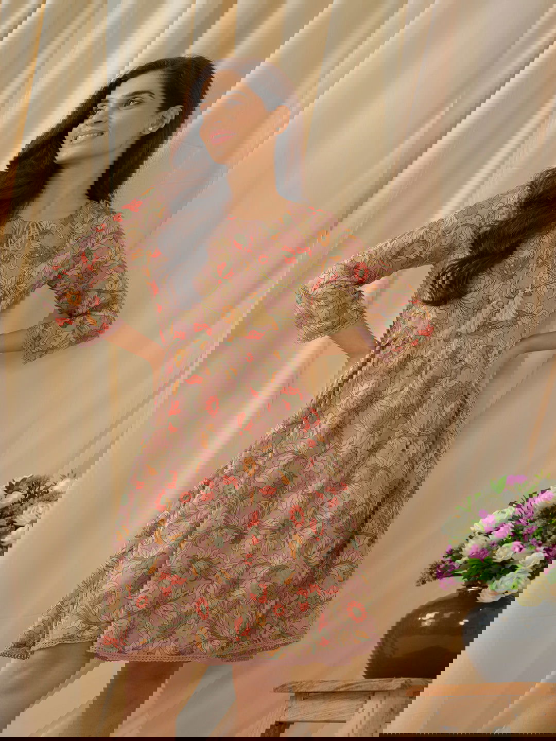 Floral-Printed Keyhole Neck Cotton A-Line Ethnic Dress - Buy Best Ethnic Wear for Women & Girls | Daily Woman -