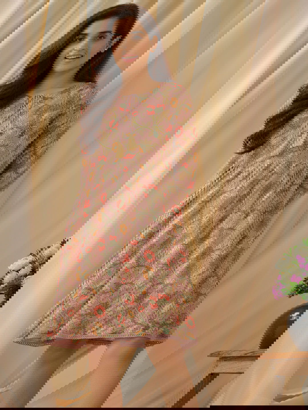 Floral-Printed Keyhole Neck Cotton A-Line Ethnic Dress - Buy Best Ethnic Wear for Women & Girls | Daily Woman -