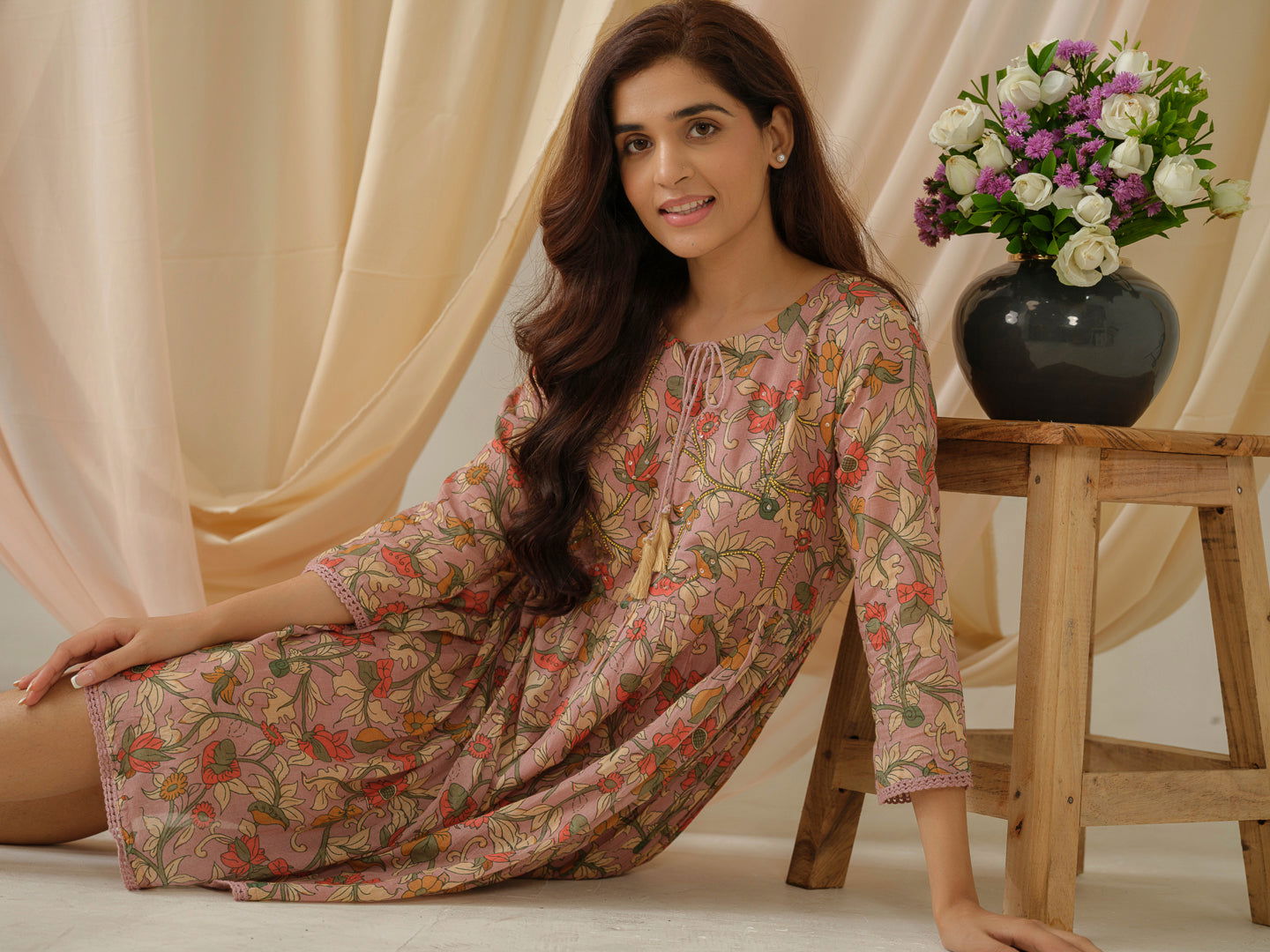 Floral-Printed Keyhole Neck Cotton A-Line Ethnic Dress - Buy Best Ethnic Wear for Women & Girls | Daily Woman -