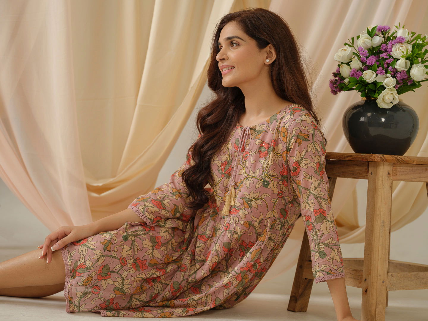 Floral-Printed Keyhole Neck Cotton A-Line Ethnic Dress - Buy Best Ethnic Wear for Women & Girls | Daily Woman -