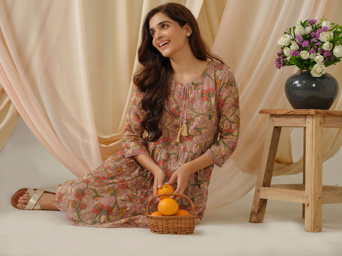 Floral-Printed Keyhole Neck Cotton A-Line Ethnic Dress - Buy Best Ethnic Wear for Women & Girls | Daily Woman -