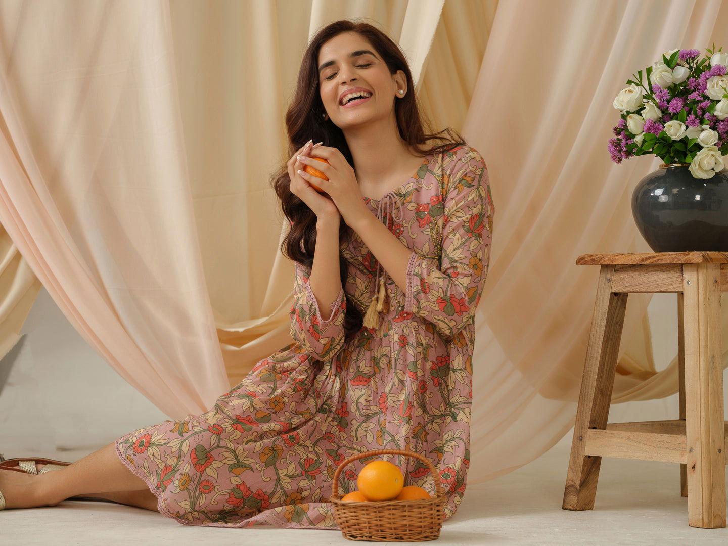 Floral-Printed Keyhole Neck Cotton A-Line Ethnic Dress - Buy Best Ethnic Wear for Women & Girls | Daily Woman -