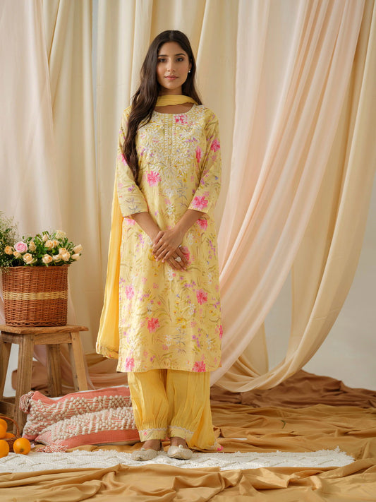 Floral-Printed Thread Work Pure-Cotton Straight Kurta With Salwar & Dupatta - Buy Best Ethnic Wear for Women & Girls | Daily Woman -