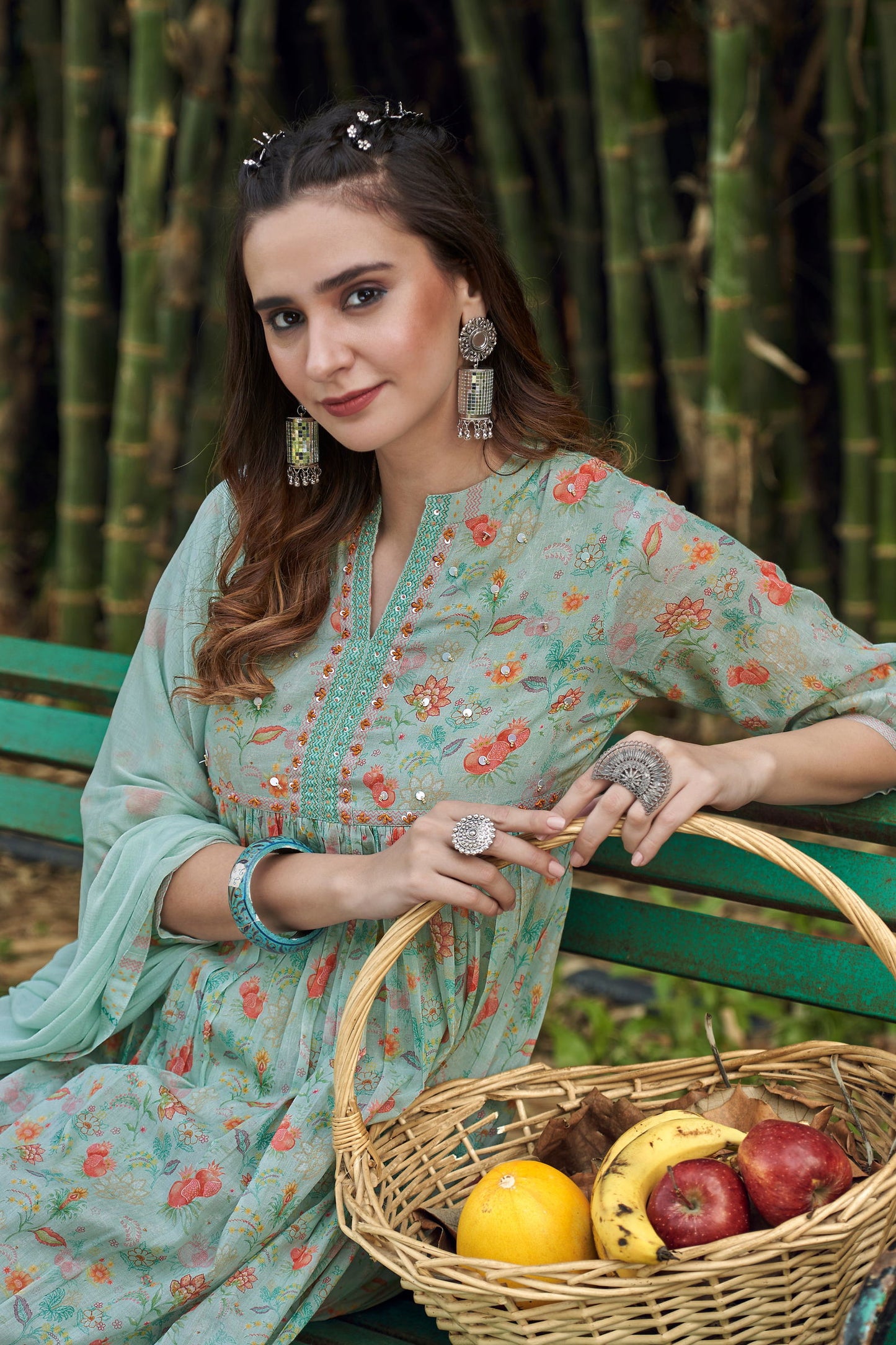 Floral Embroidered Sequinned Mandarin Collar Pure Cotton A Line Kurta Set - Buy Best Ethnic Wear for Women & Girls | Daily Woman -