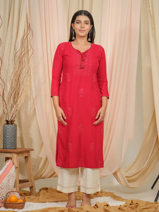 Floral Embroidered Tie-Up Neck Sequined Straight kurta - Buy Best Ethnic Wear for Women & Girls | Daily Woman -