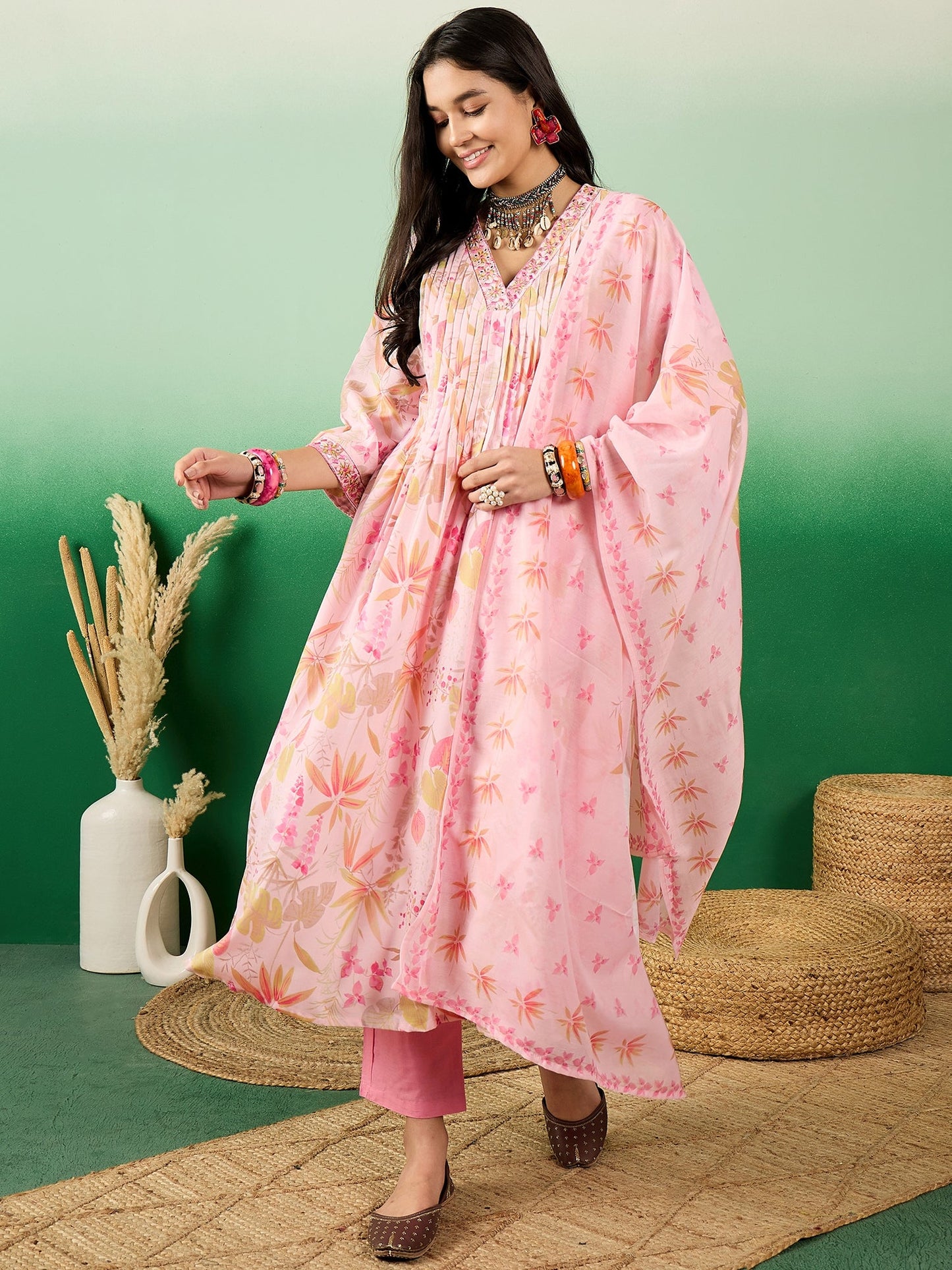 Floral Printed A-Line Kurta With Trousers & Dupatta - Buy Best Ethnic Wear for Women & Girls | Daily Woman -