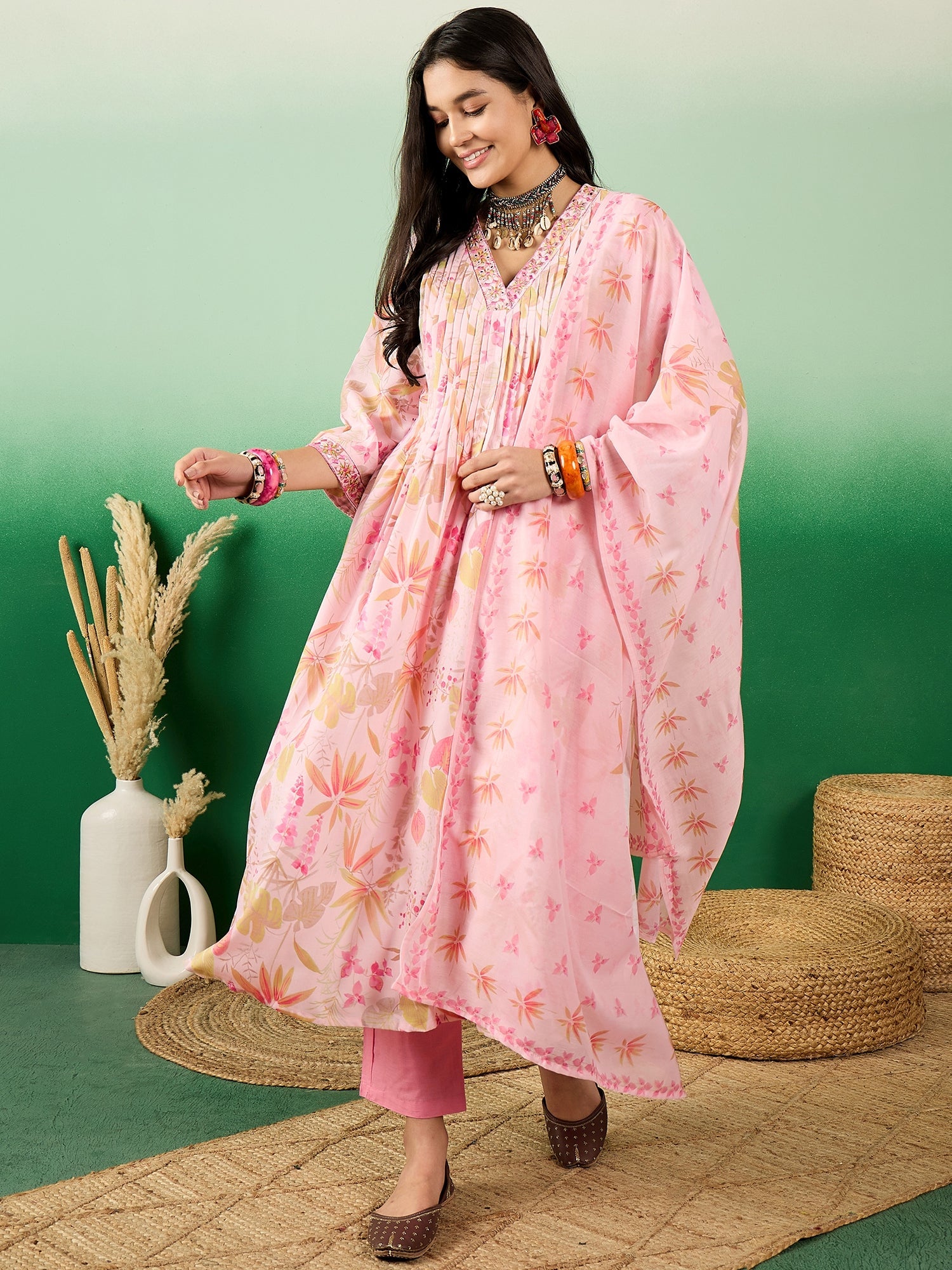 Floral Printed A-Line Kurta With Trousers & Dupatta - Buy Best Ethnic Wear for Women & Girls | Daily Woman -