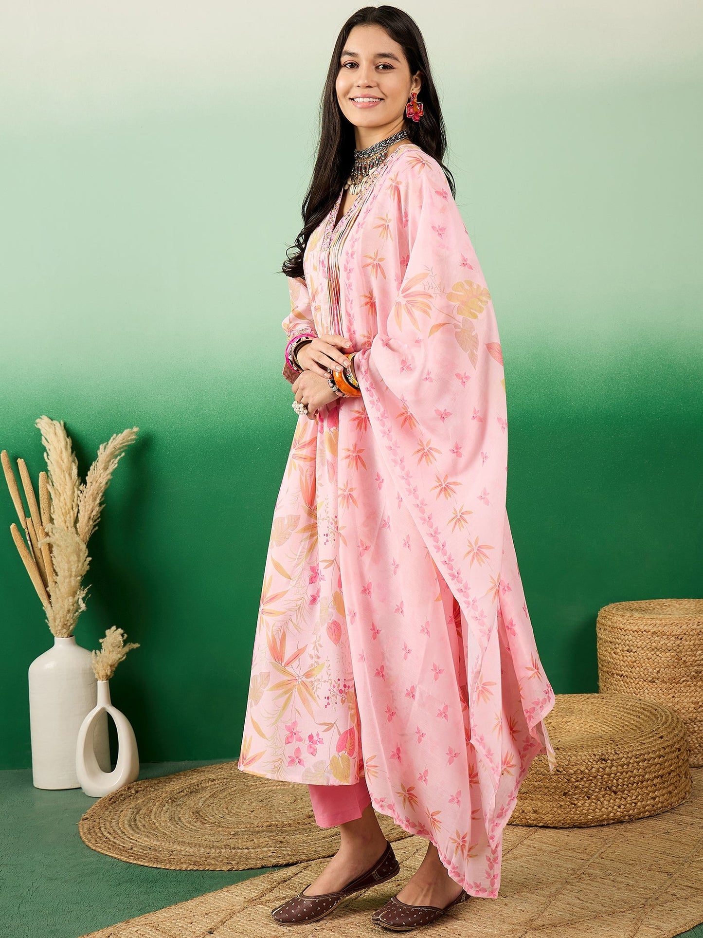 Floral Printed A-Line Kurta With Trousers & Dupatta - Buy Best Ethnic Wear for Women & Girls | Daily Woman -