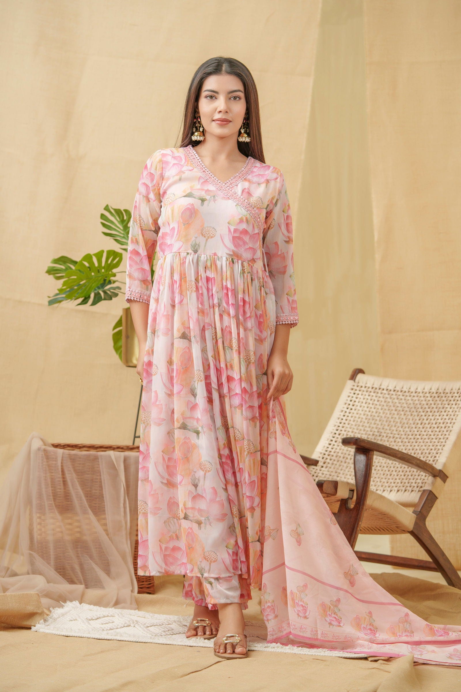 Floral Printed Angrakha A-Line Kurta With Palazzos & Dupatta - Buy Best Ethnic Wear for Women & Girls | Daily Woman -