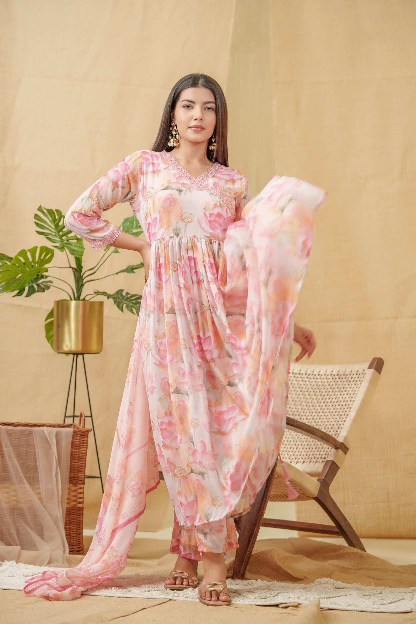 Floral Printed Angrakha A-Line Kurta With Palazzos & Dupatta - Buy Best Ethnic Wear for Women & Girls | Daily Woman -
