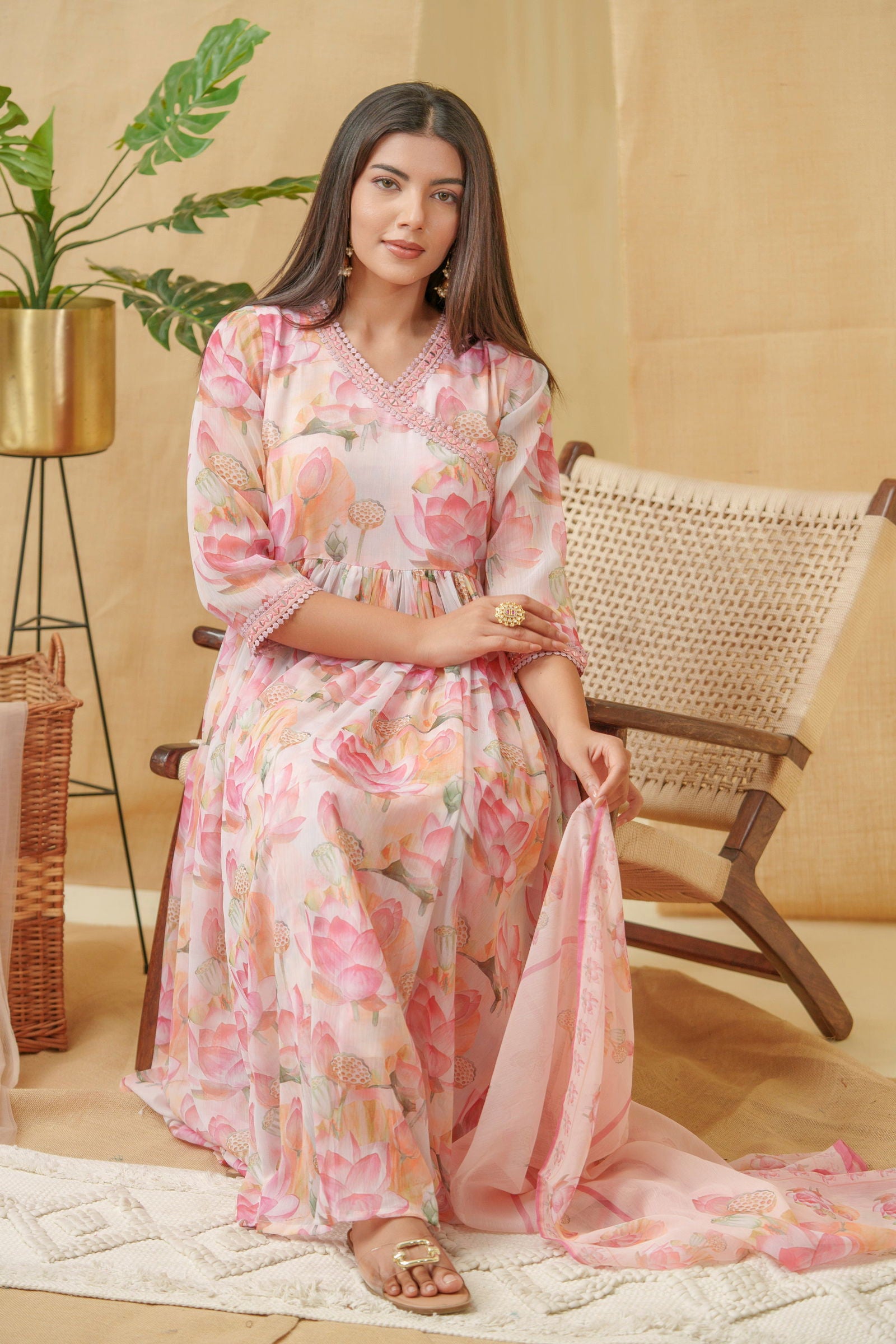 Floral Printed Angrakha A-Line Kurta With Palazzos & Dupatta - Buy Best Ethnic Wear for Women & Girls | Daily Woman -