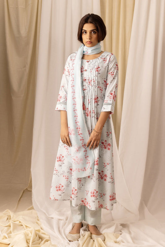 Floral Printed Linen A-Line Kurta With Trousers & Dupatta - Buy Best Ethnic Wear for Women & Girls | Daily Woman -