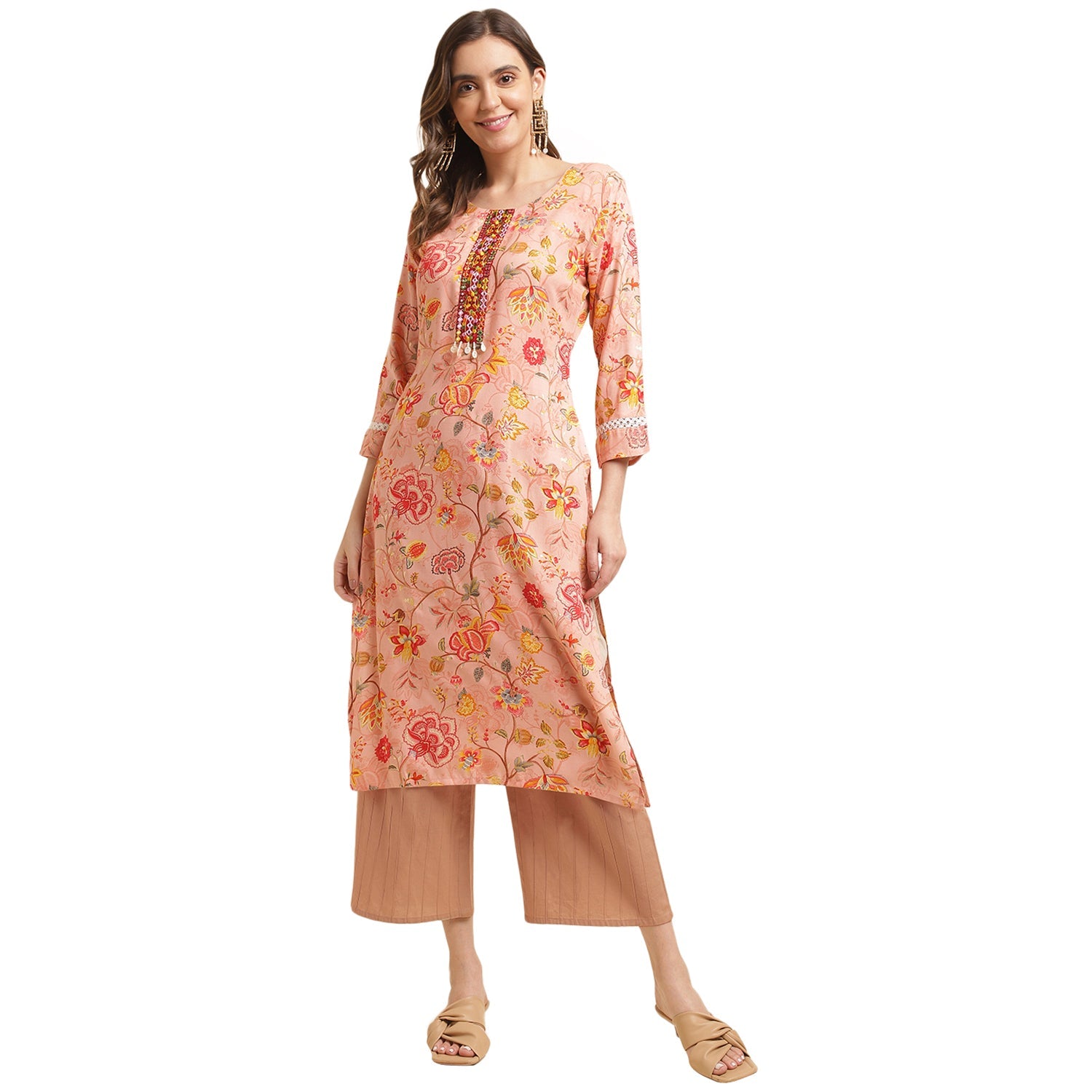 Floral Printed Mirror Work Straight Kurta - Buy Best Ethnic Wear for Women & Girls | Daily Woman -