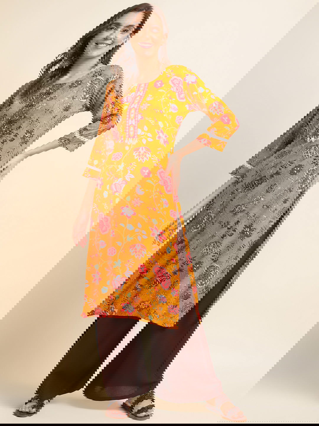 Floral Printed Mirror Work Straight Kurta - Buy Best Ethnic Wear for Women & Girls | Daily Woman -