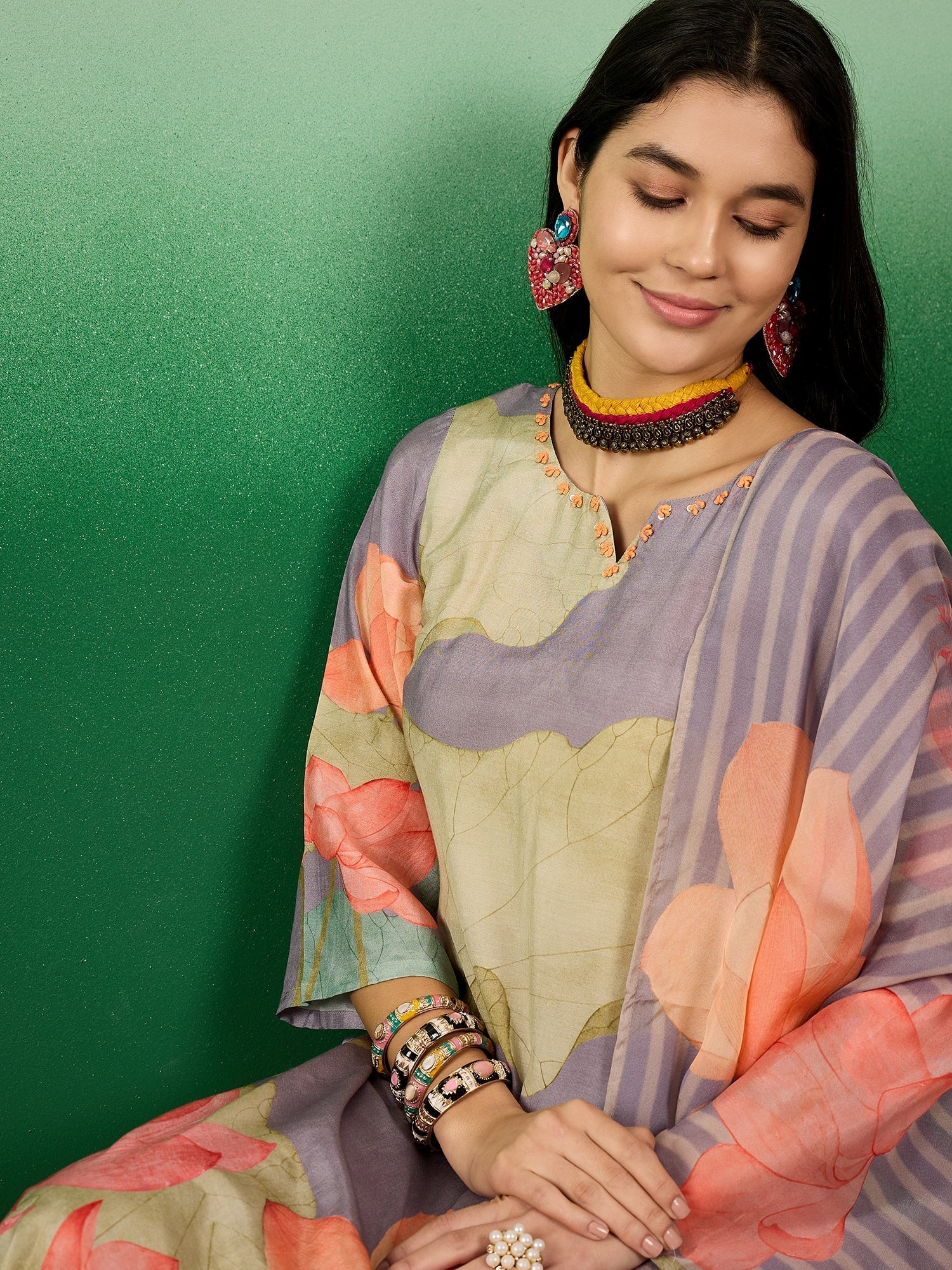 Floral Printed Notch Neck Straight Kurta With Trousers & Dupatta - Buy Best Ethnic Wear for Women & Girls | Daily Woman -