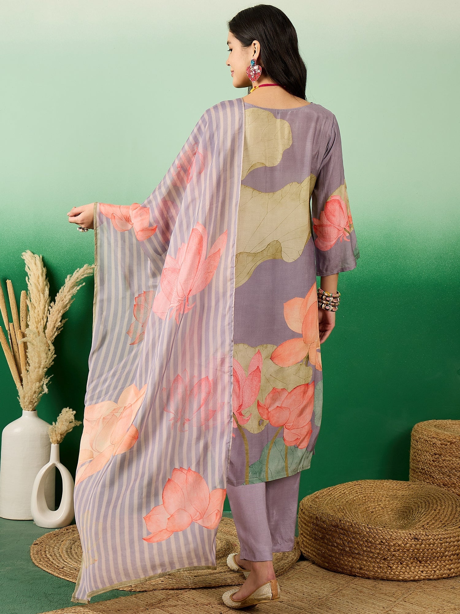 Floral Printed Notch Neck Straight Kurta With Trousers & Dupatta - Buy Best Ethnic Wear for Women & Girls | Daily Woman -