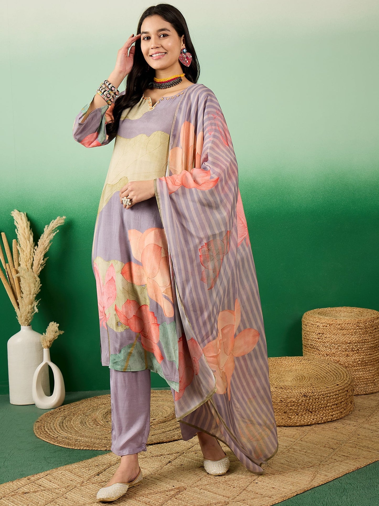 Floral Printed Notch Neck Straight Kurta With Trousers & Dupatta - Buy Best Ethnic Wear for Women & Girls | Daily Woman -