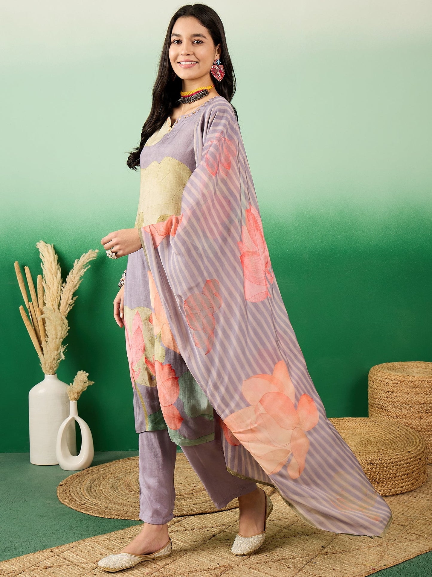 Floral Printed Notch Neck Straight Kurta With Trousers & Dupatta - Buy Best Ethnic Wear for Women & Girls | Daily Woman -