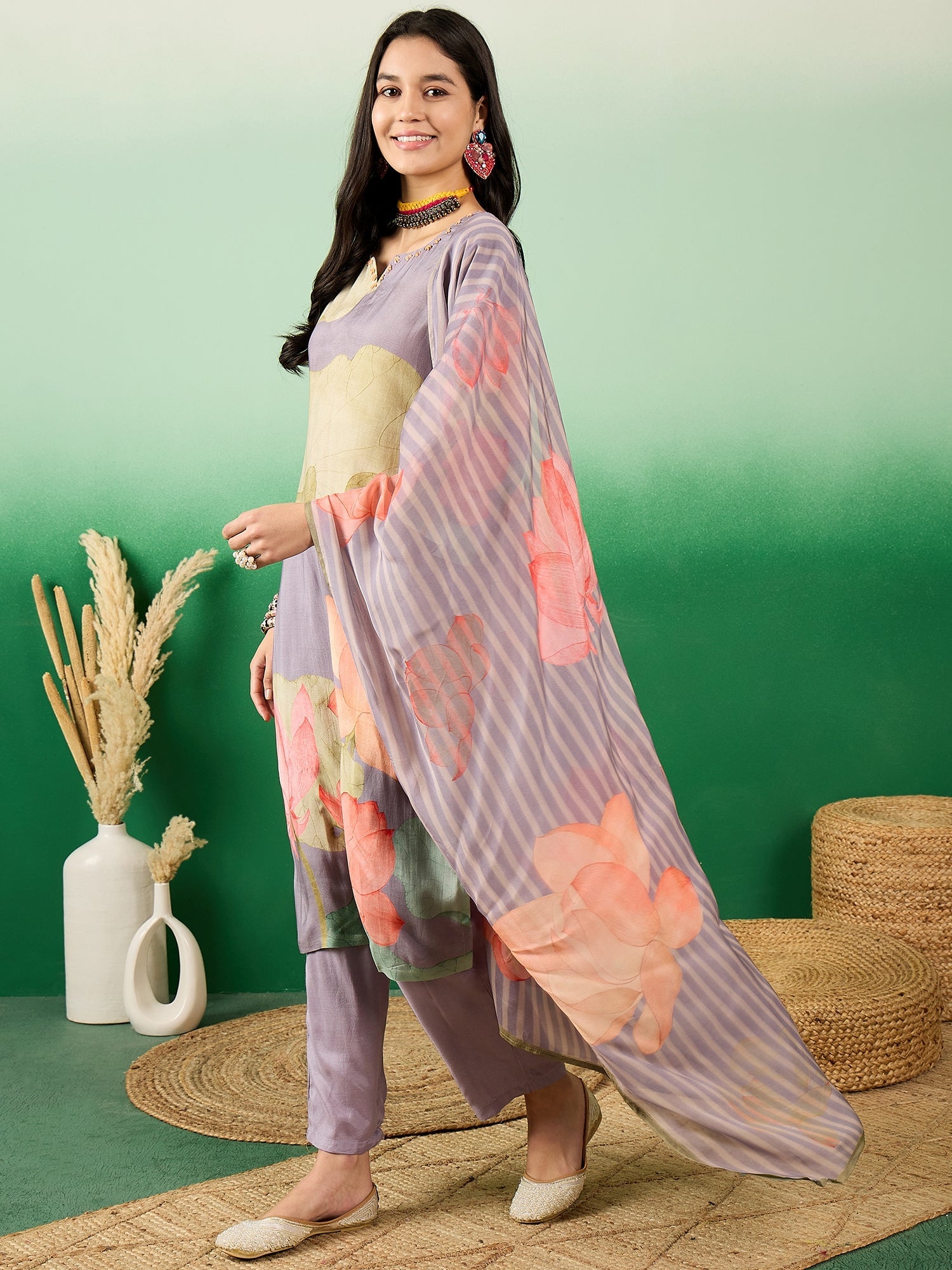 Floral Printed Notch Neck Straight Kurta With Trousers & Dupatta - Buy Best Ethnic Wear for Women & Girls | Daily Woman -