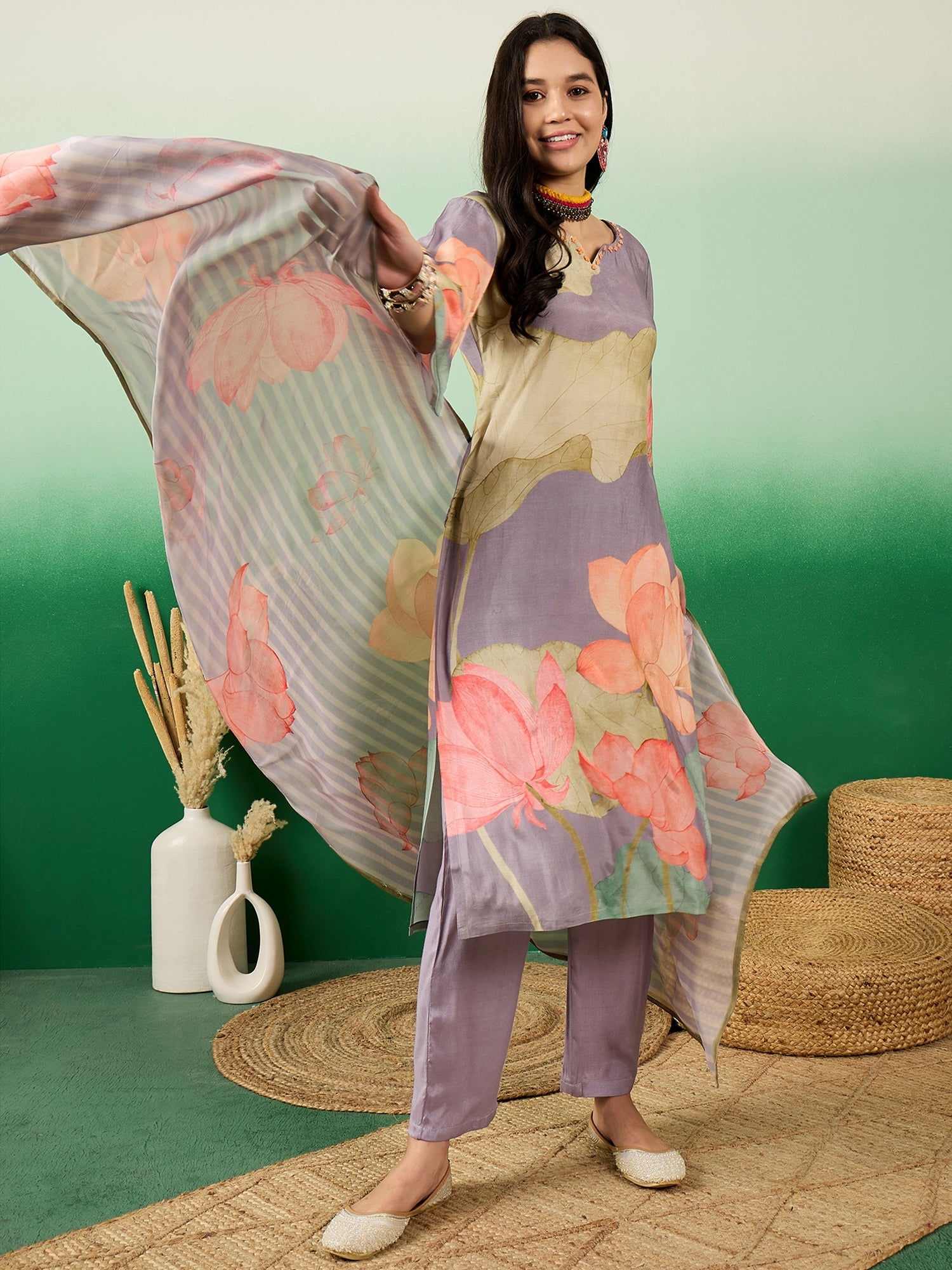 Floral Printed Notch Neck Straight Kurta With Trousers & Dupatta - Buy Best Ethnic Wear for Women & Girls | Daily Woman -