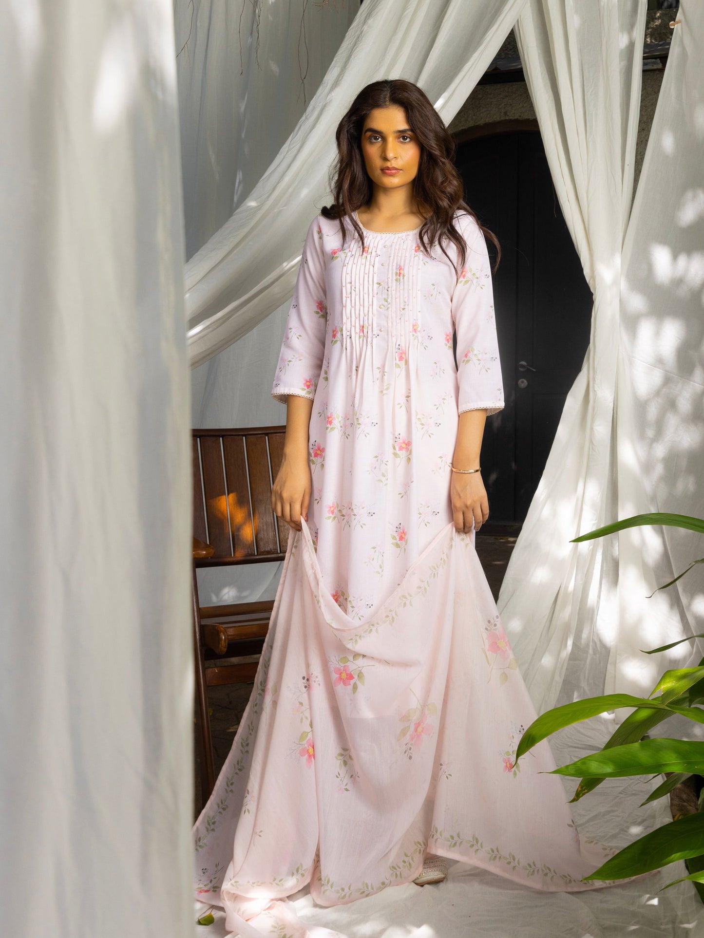 Floral Printed Pleated Kurta & Trousers With Dupatta - Buy Best Ethnic Wear for Women & Girls | Daily Woman -