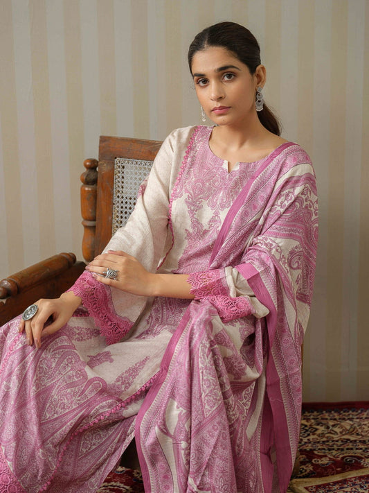 Floral Printed Regular Sequinned Linen Kurta With Trousers & Dupatta - Buy Best Ethnic Wear for Women & Girls | Daily Woman -