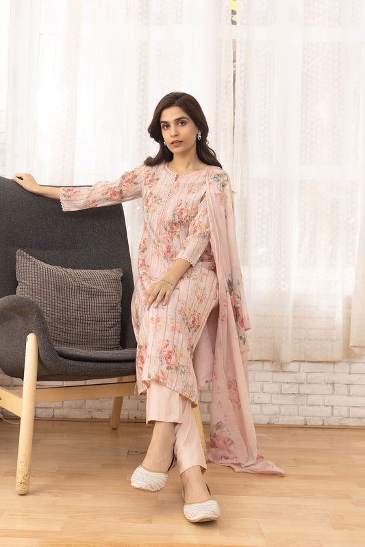 Floral Printed Regular Sequinned Linen Kurta With Trousers & Dupatta - Buy Best Ethnic Wear for Women & Girls | Daily Woman -