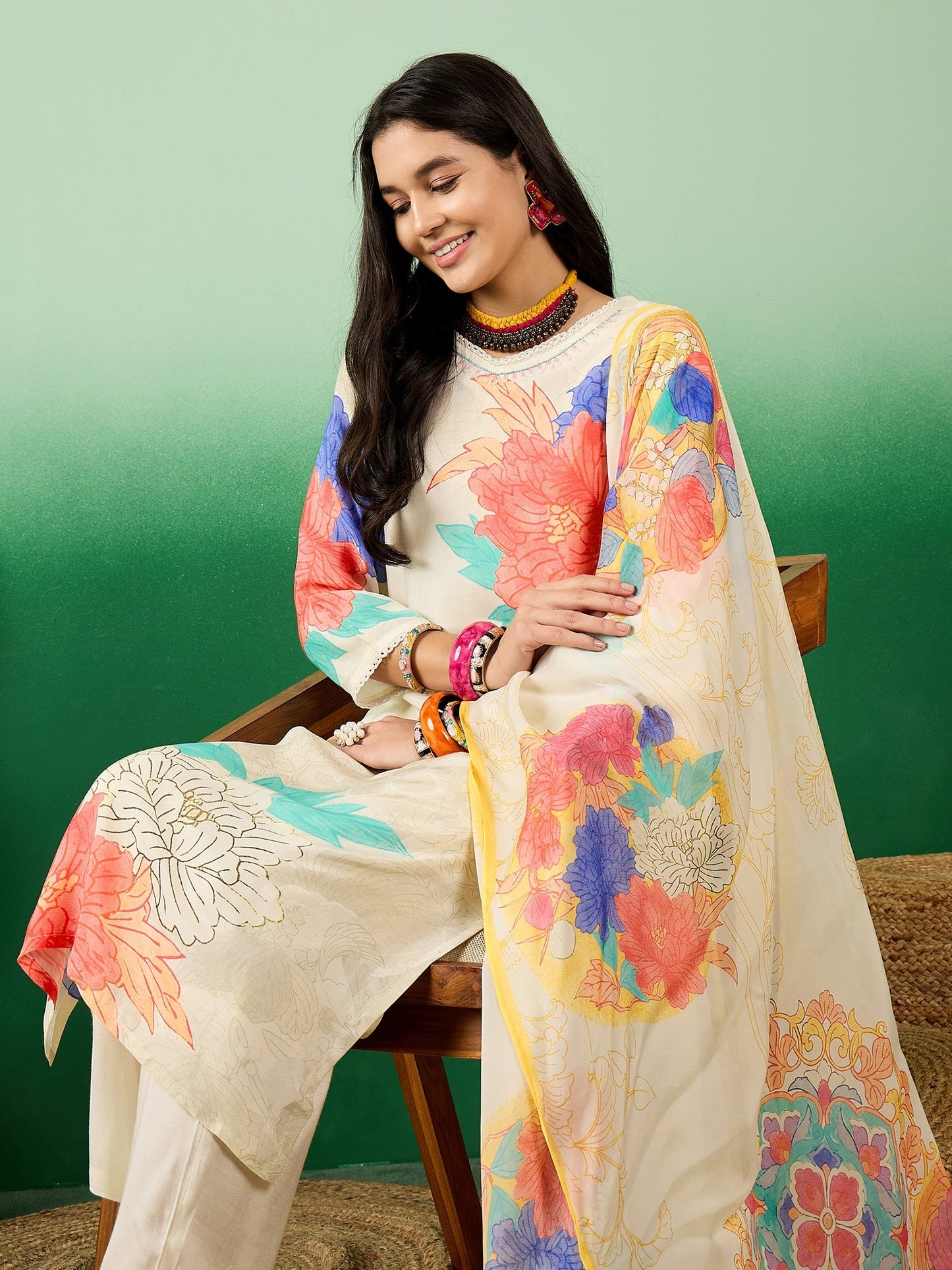 Floral Printed V-Neck Kurta With Trousers & Dupatta - Buy Best Ethnic Wear for Women & Girls | Daily Woman -