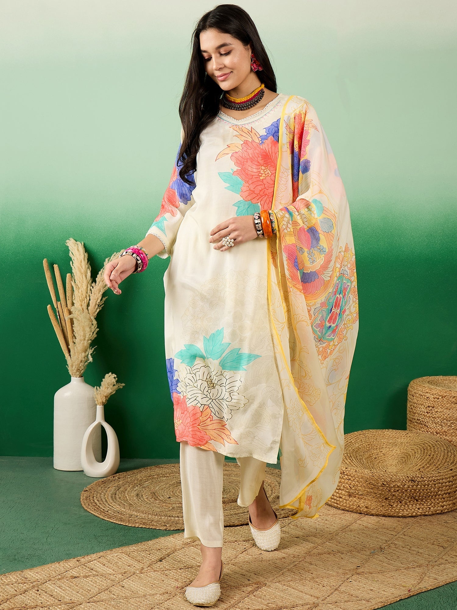 Floral Printed V-Neck Kurta With Trousers & Dupatta - Buy Best Ethnic Wear for Women & Girls | Daily Woman -