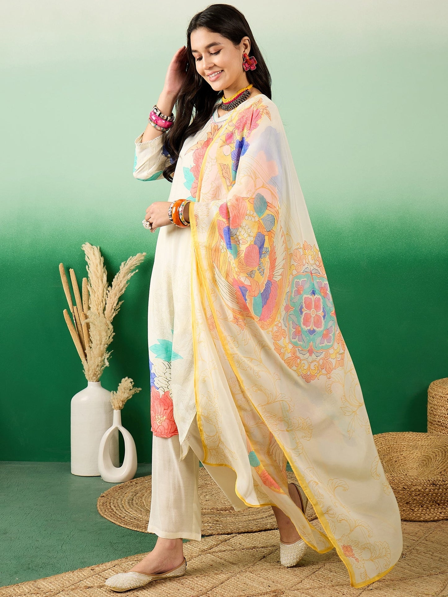 Floral Printed V-Neck Kurta With Trousers & Dupatta - Buy Best Ethnic Wear for Women & Girls | Daily Woman -