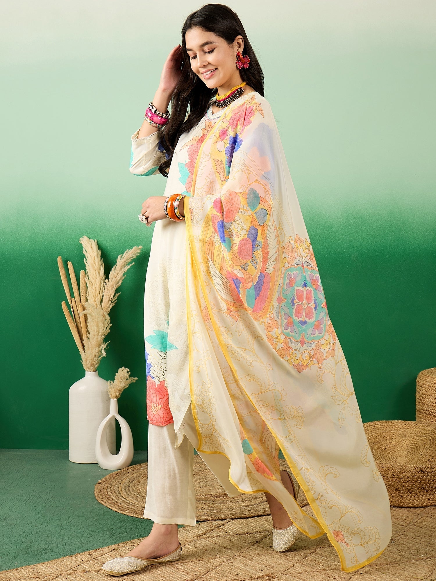 Floral Printed V-Neck Kurta With Trousers & Dupatta - Buy Best Ethnic Wear for Women & Girls | Daily Woman -