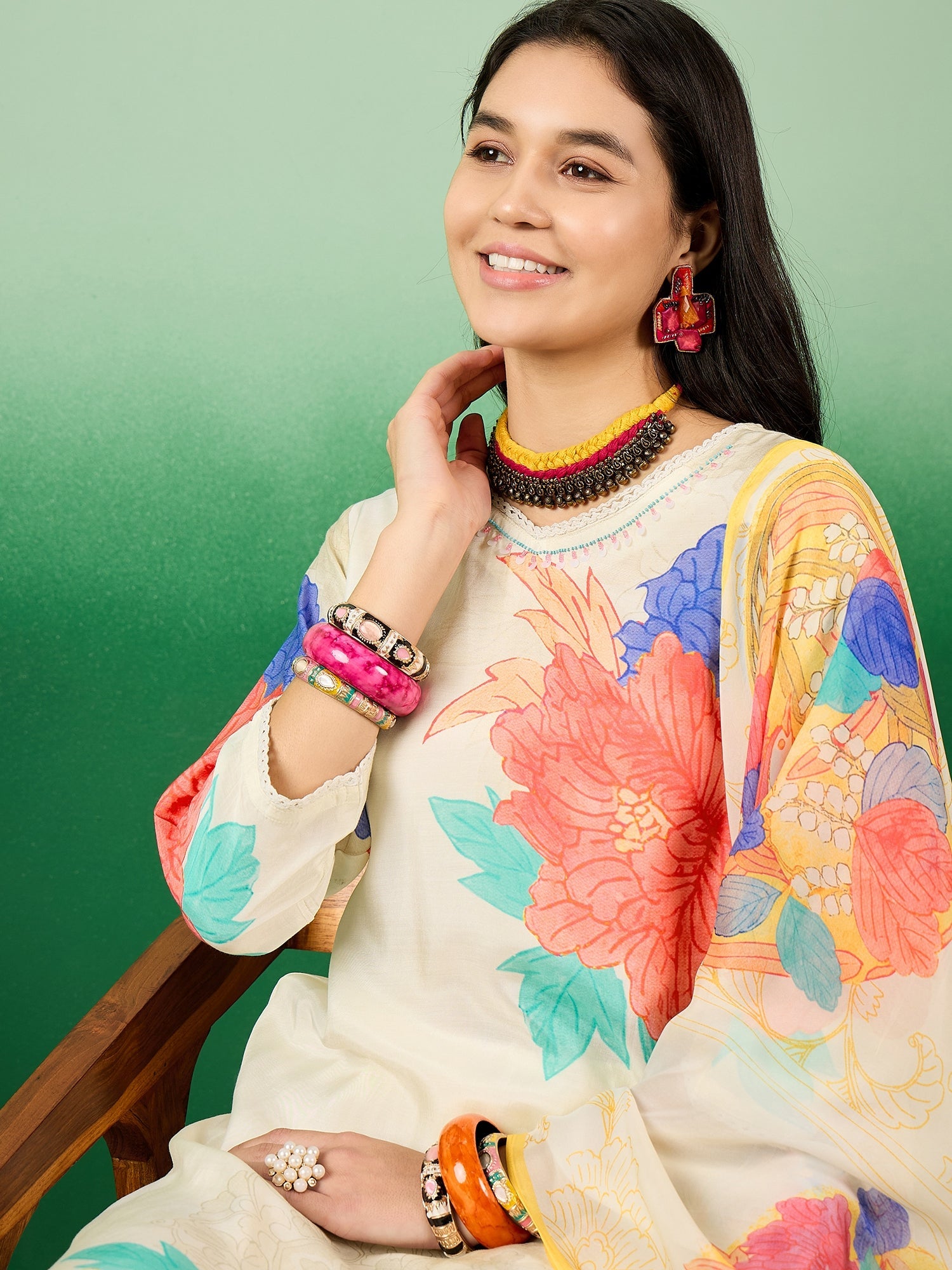 Floral Printed V-Neck Kurta With Trousers & Dupatta - Buy Best Ethnic Wear for Women & Girls | Daily Woman -