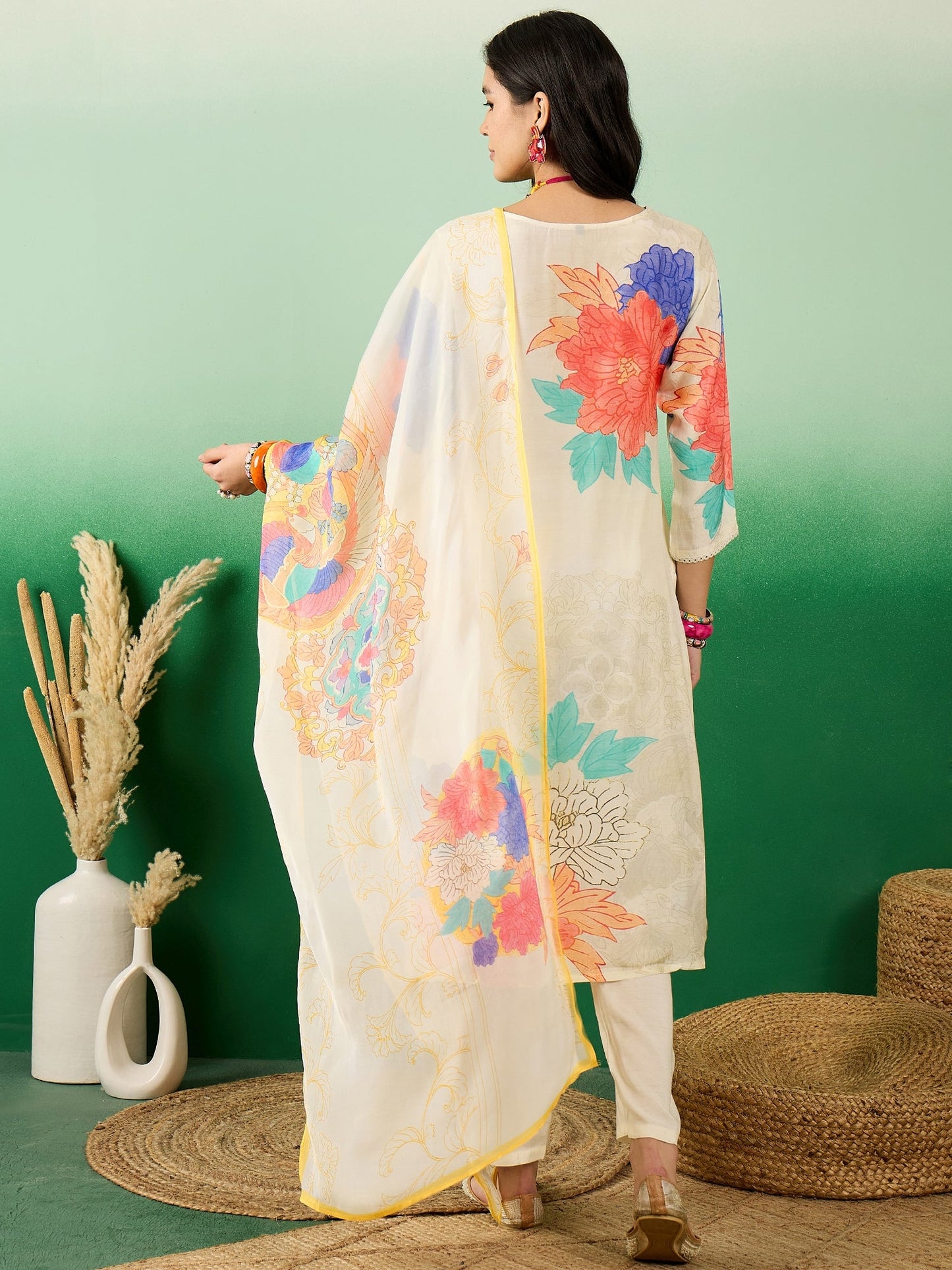 Floral Printed V-Neck Kurta With Trousers & Dupatta - Buy Best Ethnic Wear for Women & Girls | Daily Woman -