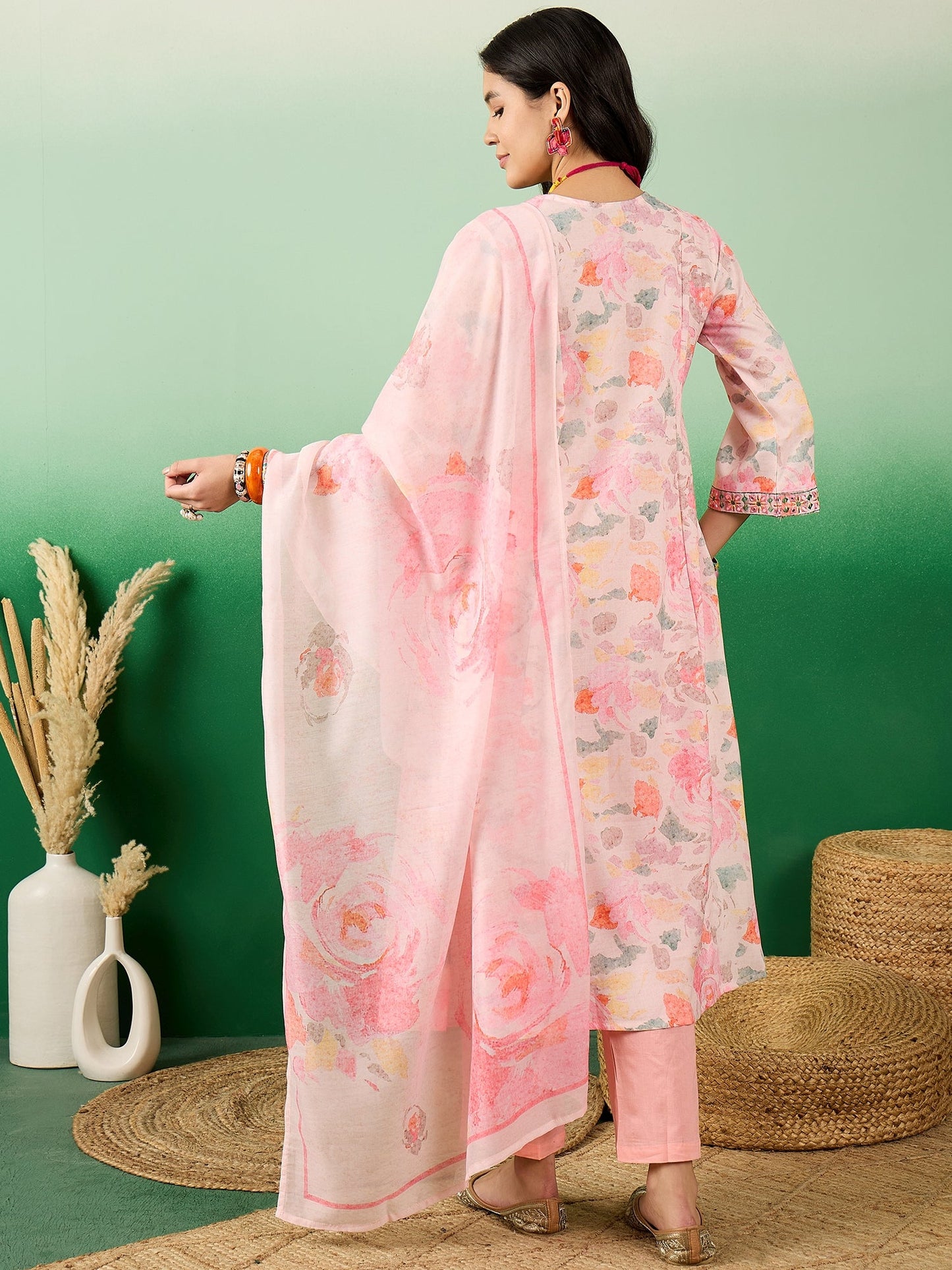 Floral Printed V-Neck Kurta With Trousers & Dupatta - Buy Best Ethnic Wear for Women & Girls | Daily Woman -