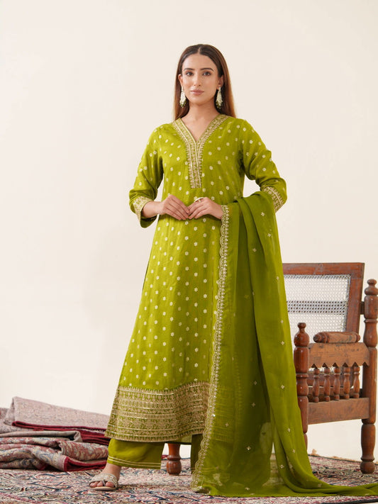 Glass Silk Green Color Woven Design Kurta With Trousers & Dupatta - Buy Best Ethnic Wear for Women & Girls | Daily Woman -