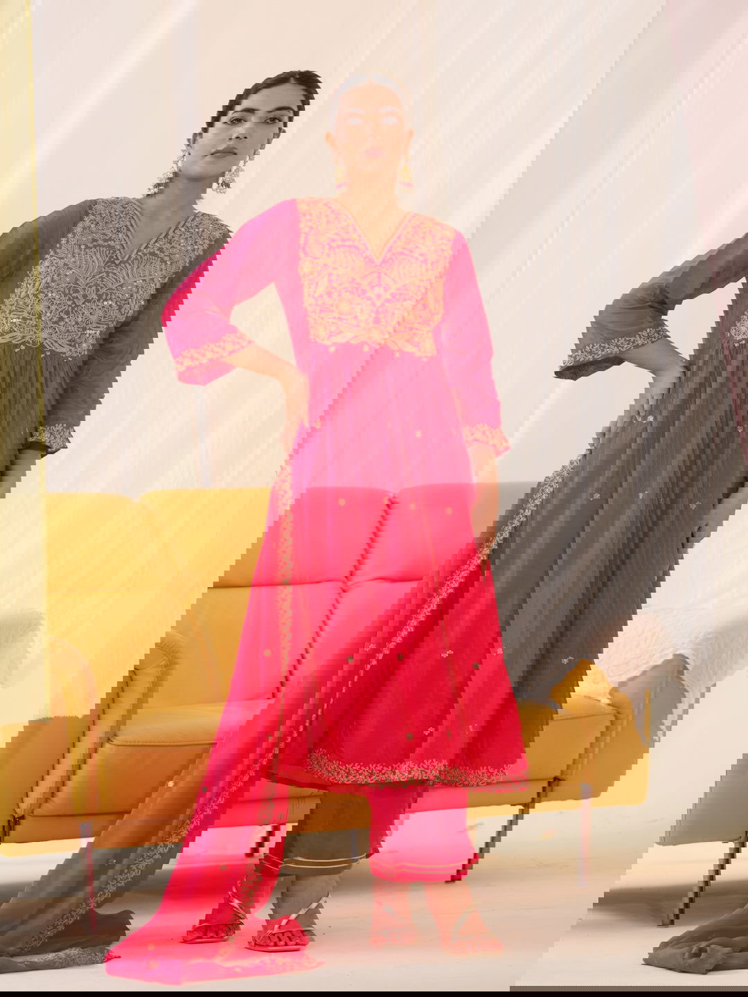 Glass Silk Pink Color Embroidered Kurta With Trousers & Dupatta - Buy Best Ethnic Wear for Women & Girls | Daily Woman -