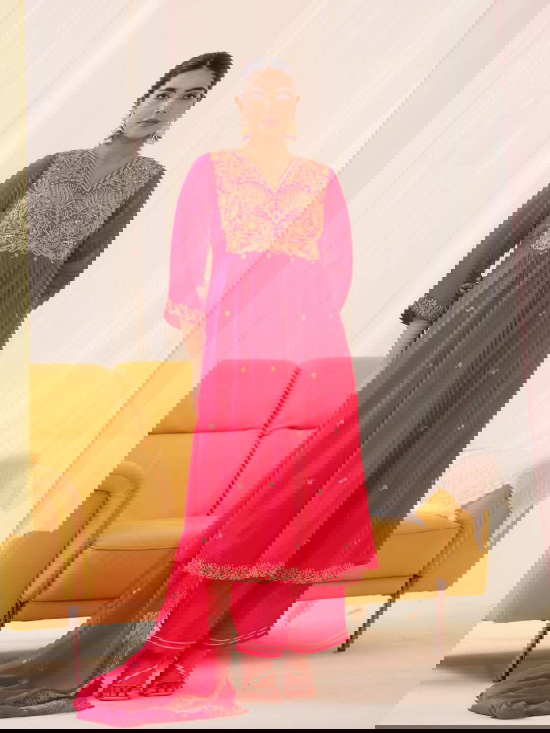 Glass Silk Pink Color Embroidered Kurta With Trousers & Dupatta - Buy Best Ethnic Wear for Women & Girls | Daily Woman -