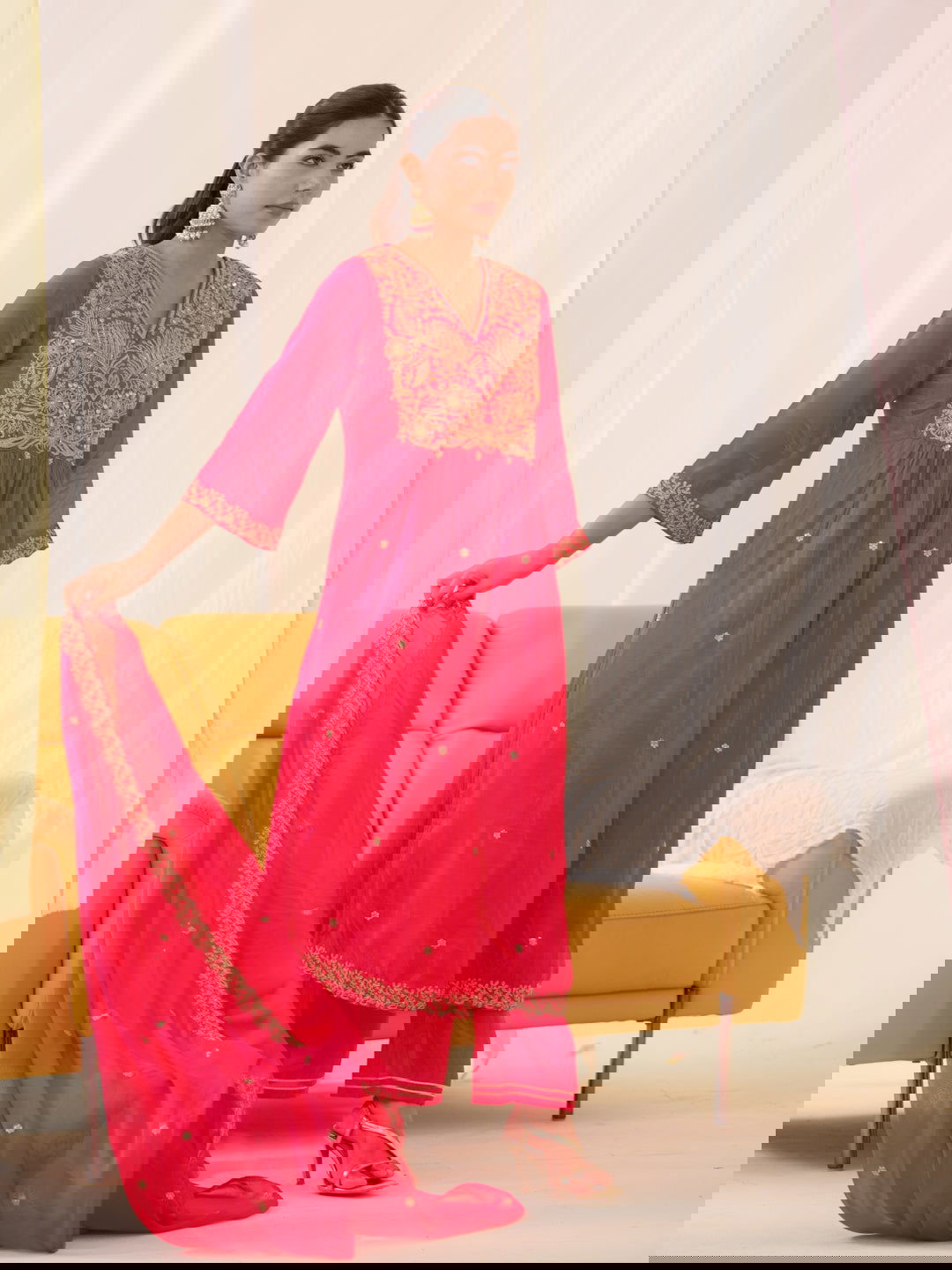 Glass Silk Pink Color Embroidered Kurta With Trousers & Dupatta - Buy Best Ethnic Wear for Women & Girls | Daily Woman -