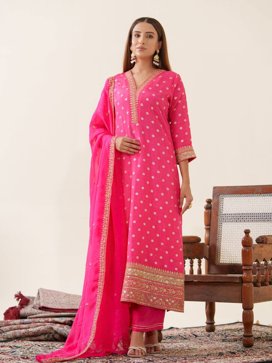 Glass Silk Pink Color Woven Design Kurta With Trousers & Dupatta - Buy Best Ethnic Wear for Women & Girls | Daily Woman -