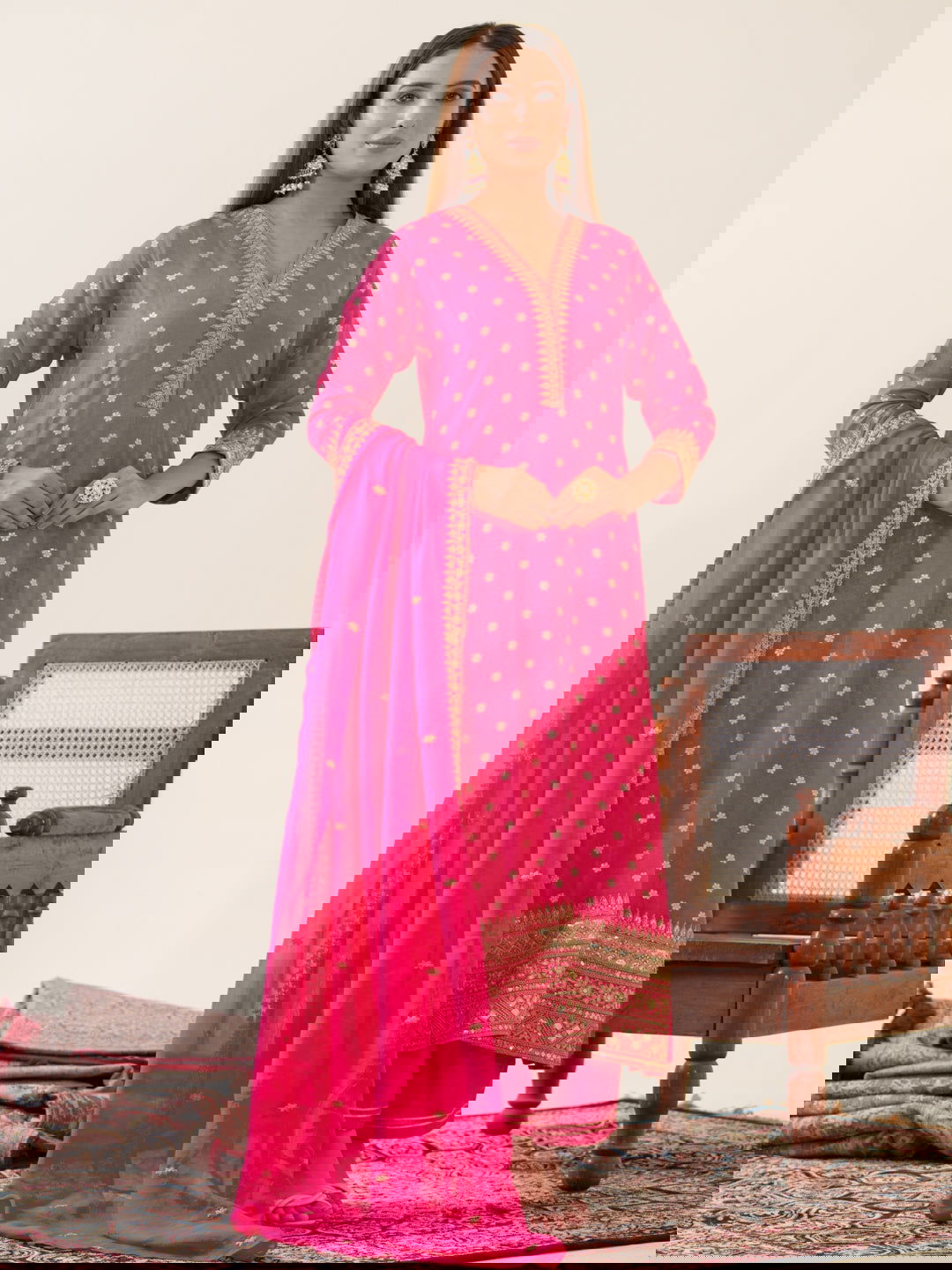 Glass Silk Pink Color Woven Design Kurta With Trousers & Dupatta - Buy Best Ethnic Wear for Women & Girls | Daily Woman -