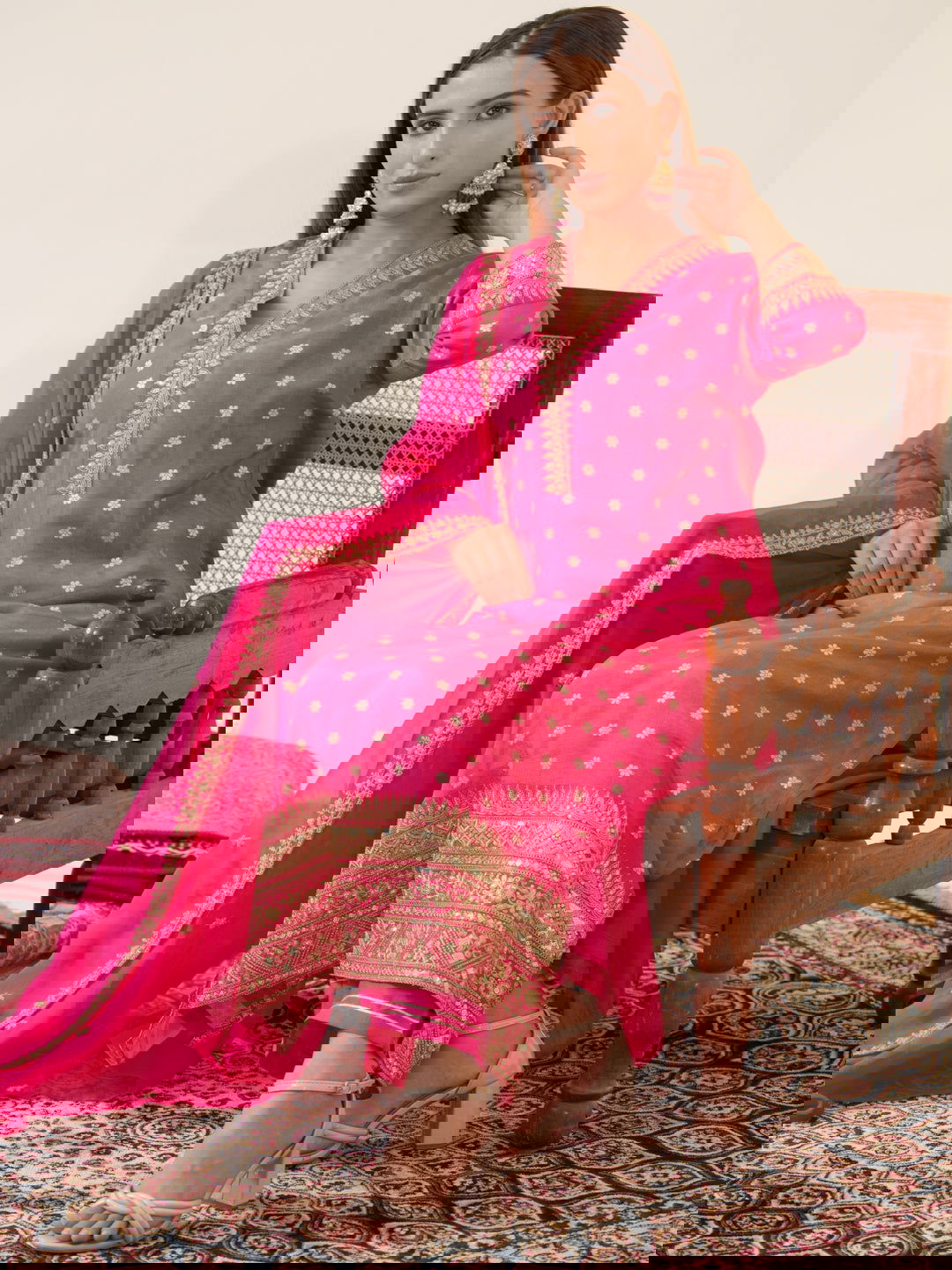 Glass Silk Pink Color Woven Design Kurta With Trousers & Dupatta - Buy Best Ethnic Wear for Women & Girls | Daily Woman -