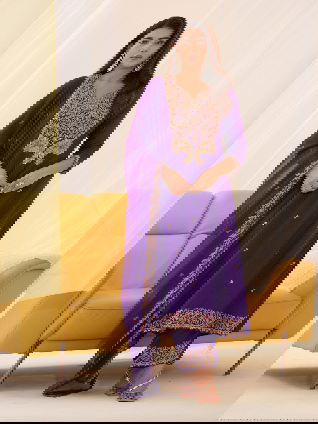 Glass Silk Purple Color Embroidered Kurta With Trousers & Dupatta - Buy Best Ethnic Wear for Women & Girls | Daily Woman -