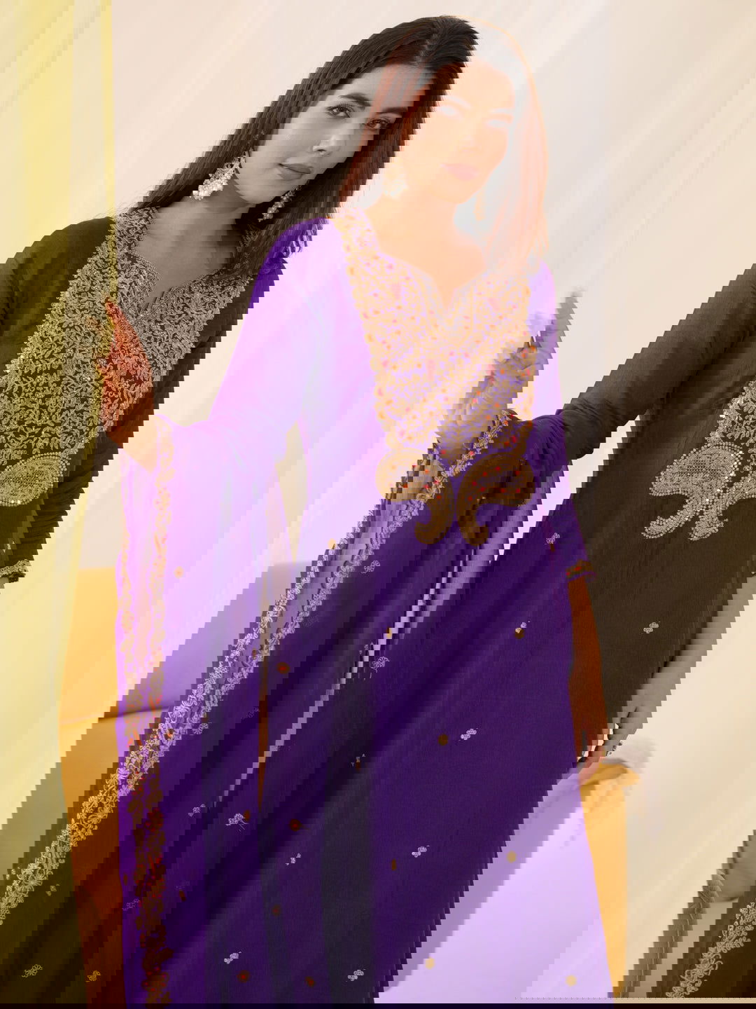 Glass Silk Purple Color Embroidered Kurta With Trousers & Dupatta - Buy Best Ethnic Wear for Women & Girls | Daily Woman -