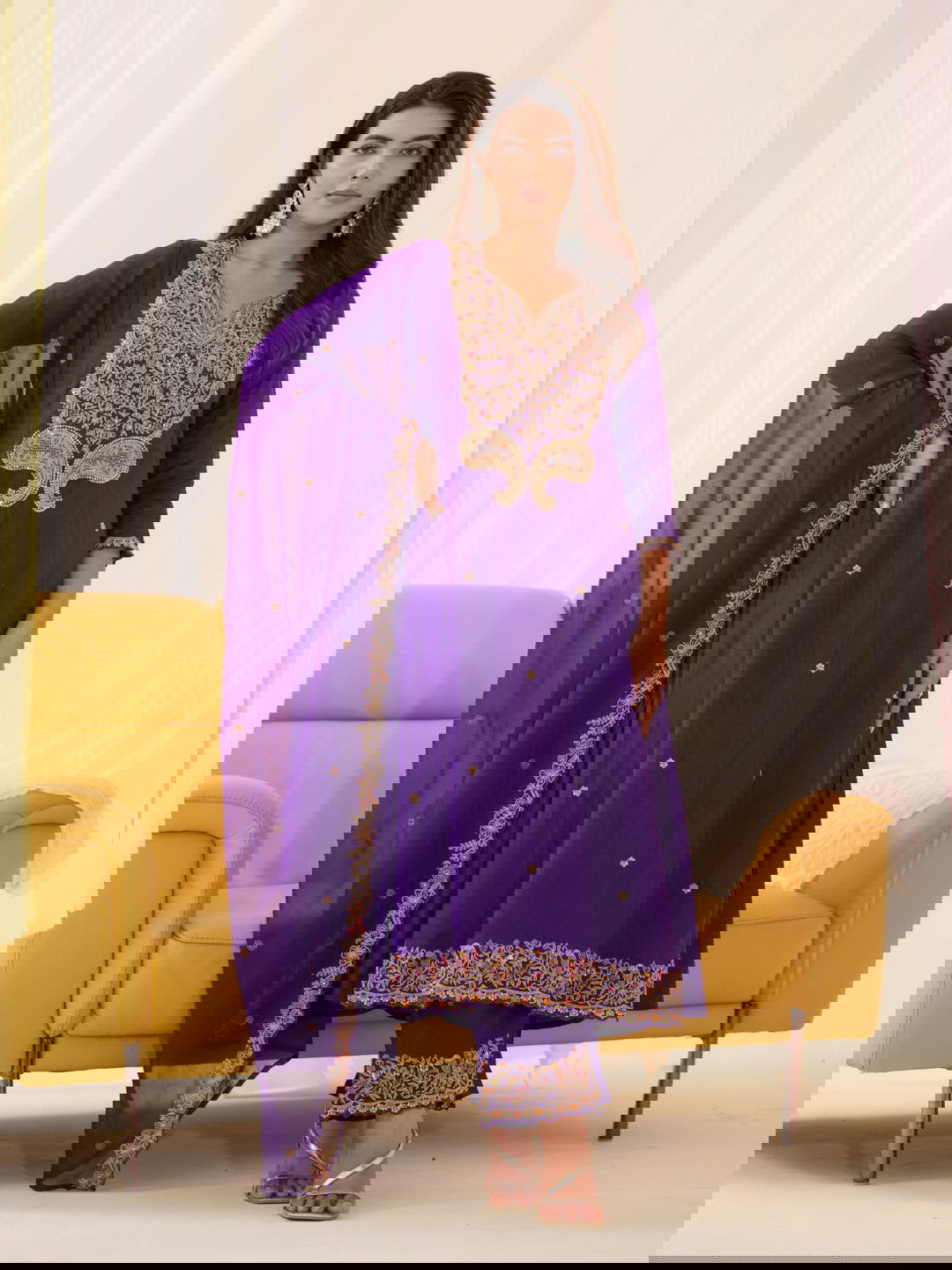 Glass Silk Purple Color Embroidered Kurta With Trousers & Dupatta - Buy Best Ethnic Wear for Women & Girls | Daily Woman -