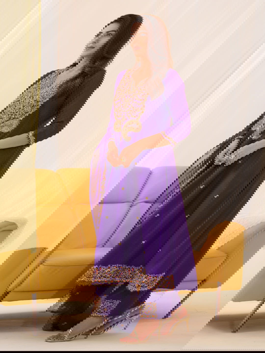 Glass Silk Purple Color Embroidered Kurta With Trousers & Dupatta - Buy Best Ethnic Wear for Women & Girls | Daily Woman -